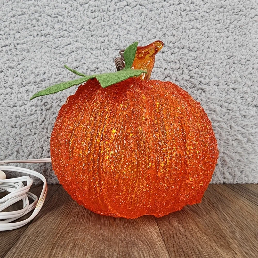 Vintage Orange Glass Popcorn Jack O Lantern Pumpkin Tabletop Light 6.5
